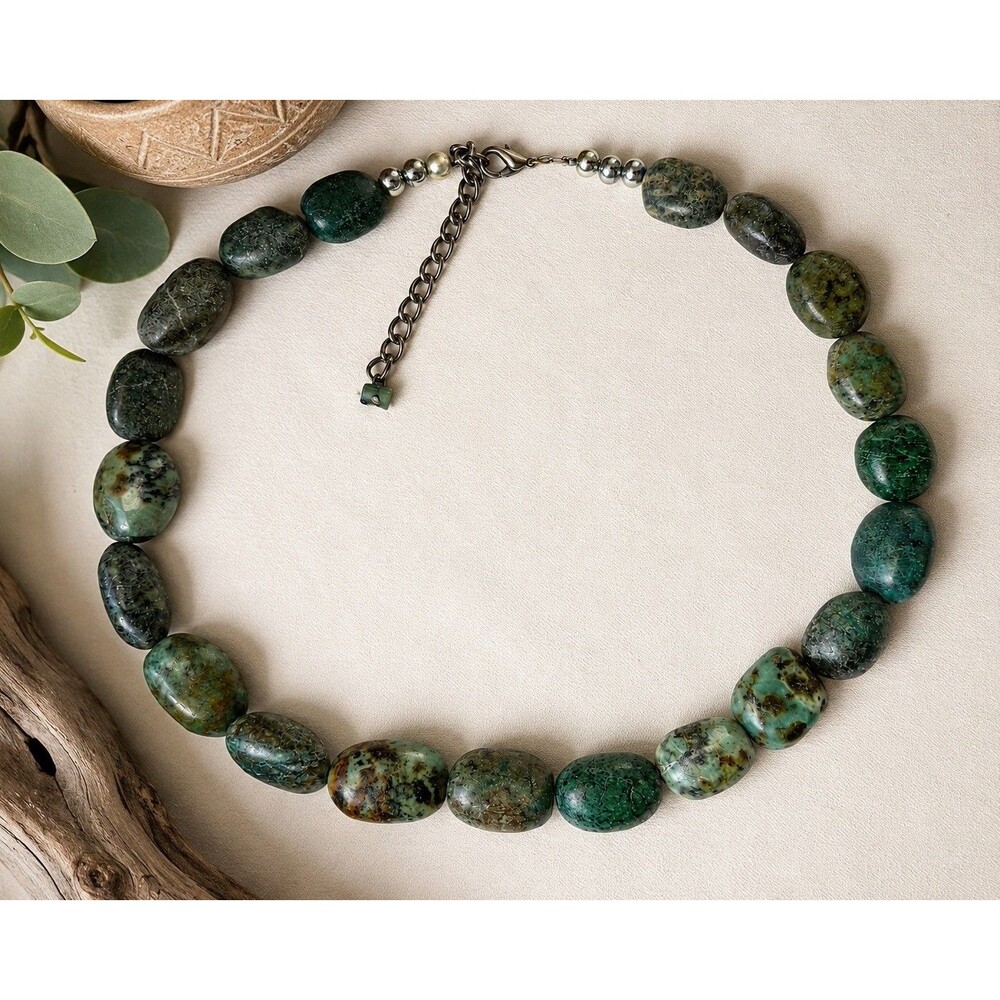 Vintage African Turqiouse Jasper Necklace Green Stone Chunky Statement 18-20"